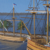 Founding fleet that brought the first permanent English settlers to Jamestown in 1607, and which are exhibited at the Jamestown Settlement in Williamsburg.